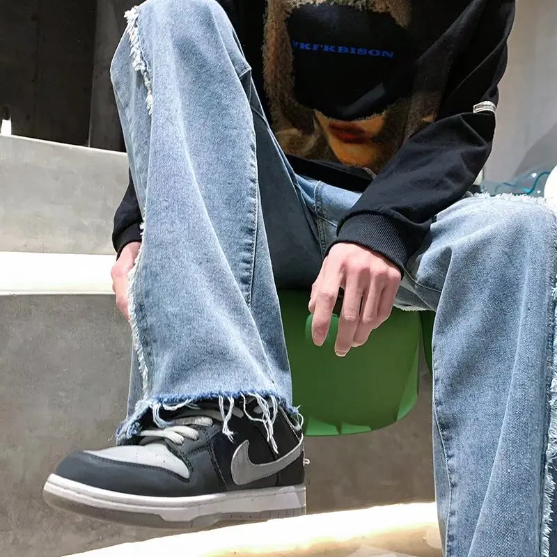 Мужские Модные Синие рваные джинсы в стиле пэчворк Корейском свободные