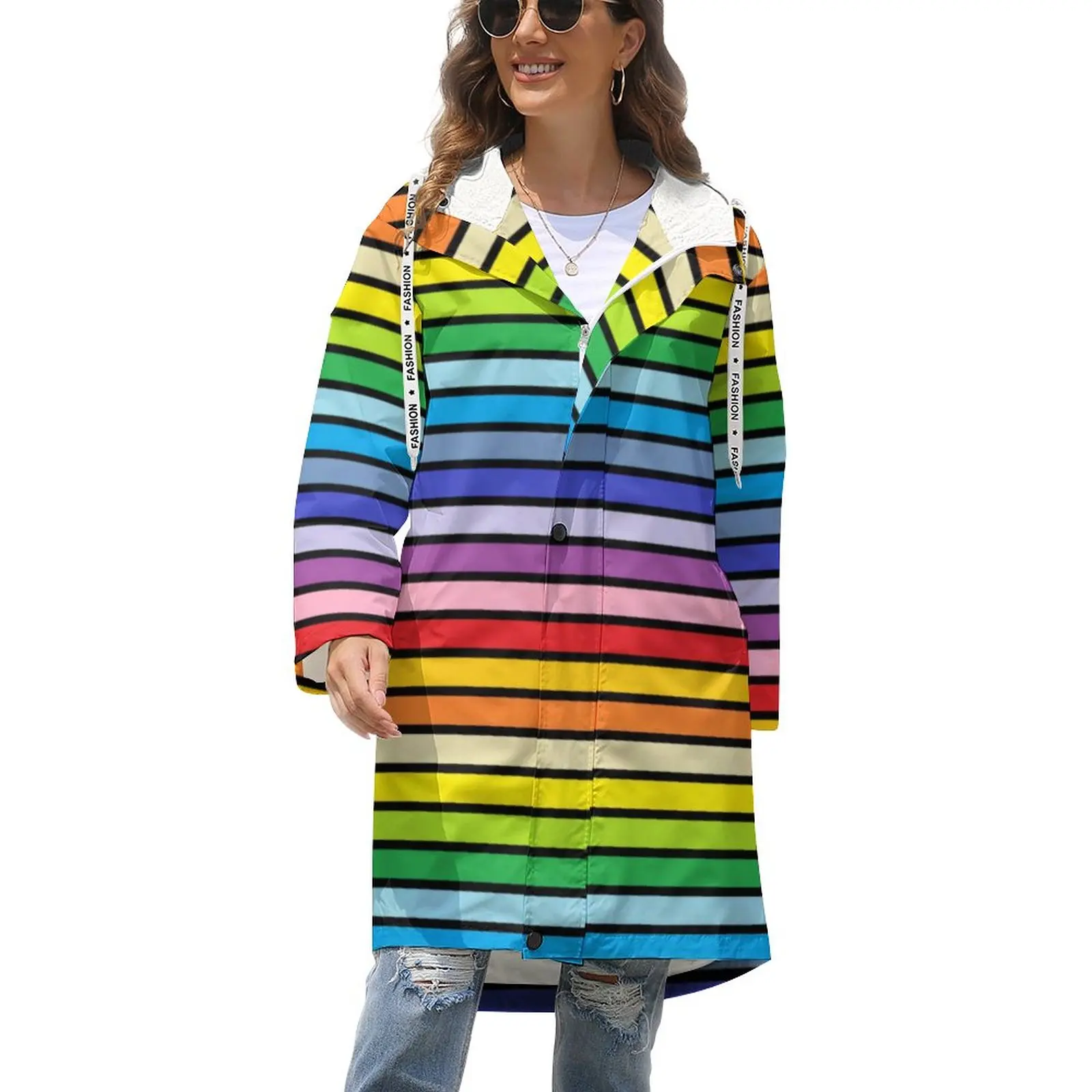 

Rainbow Stripes Thick Trench Coats Women Black Lines Print Winter Coat Street Style Long Graphic With Pockets Jackets Large Size