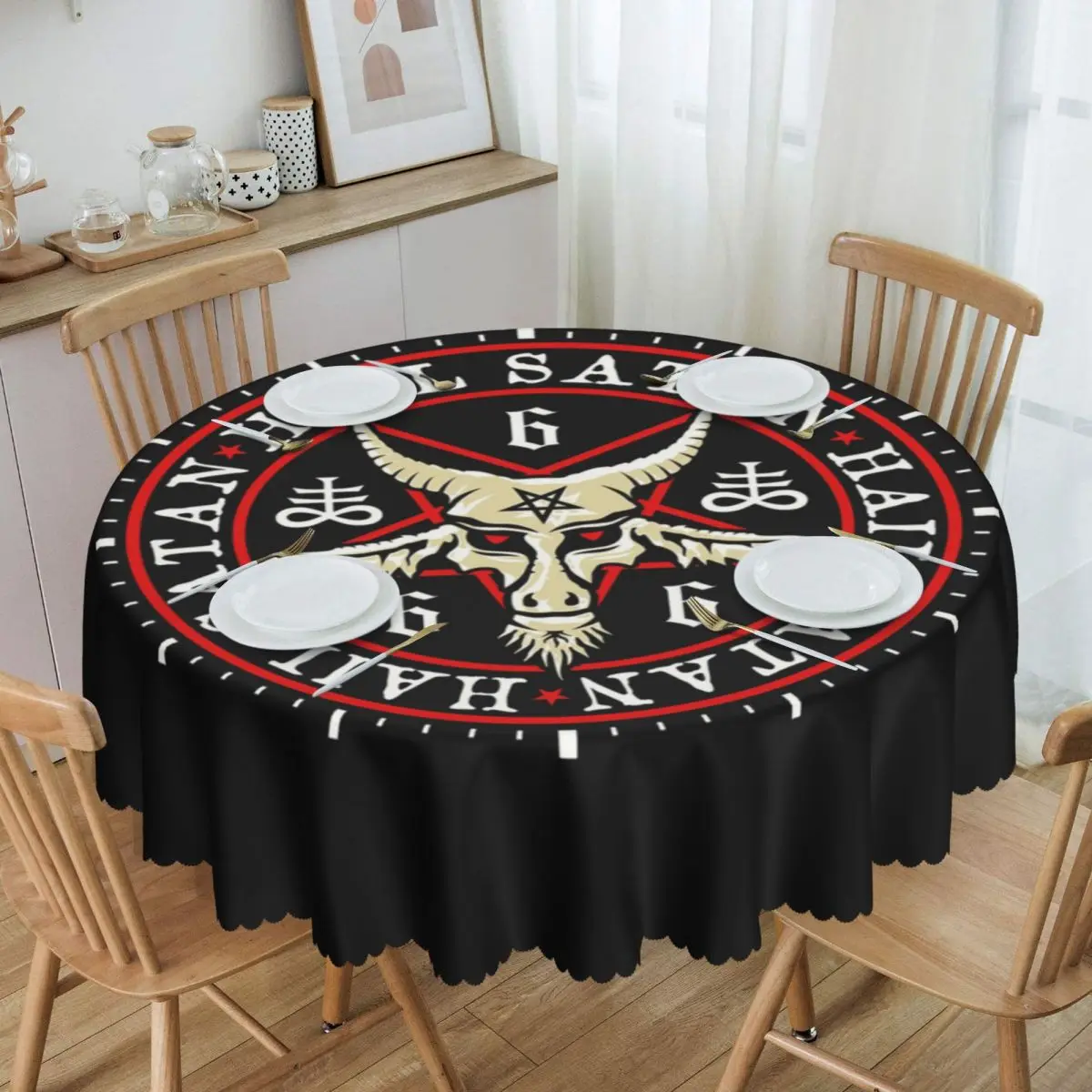 

Hail Satan Baphomet In Occult Inverted Pentagram Tablecloth Round Waterproof Devil Table Cloth Cover for Kitchen 60 inch