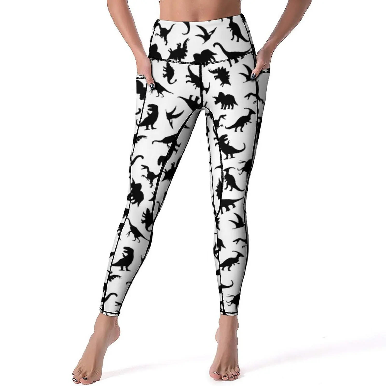 

Dinosaurs Yoga Pants Sexy Black Dinos On White Raptor Custom Leggings High Waist Fitness Leggins Fashion Stretch Sports Tights