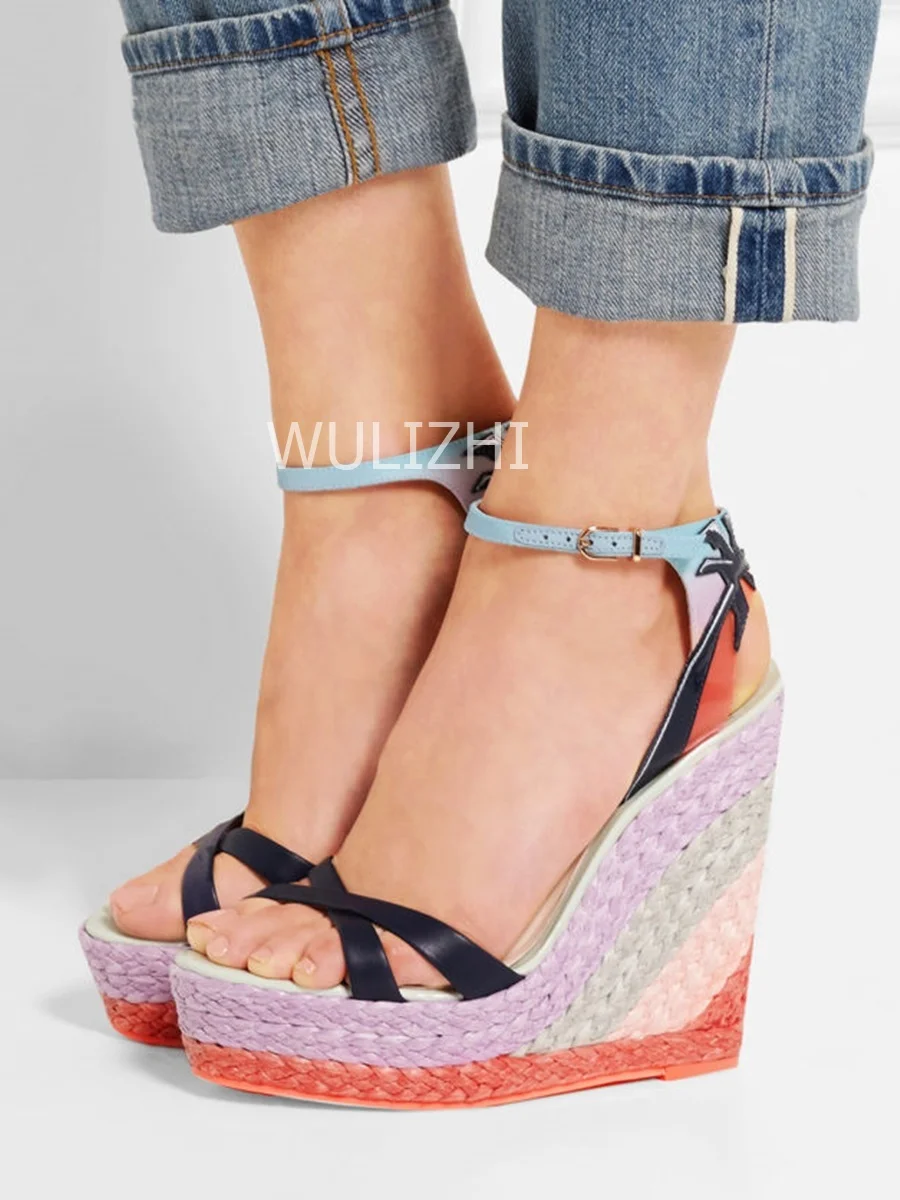 High Wedge Espadarille Women Sexy Sandal Platform Black Suede Buckle Heels Open Multicolored Ruffle Weave Purple Red Mixed Shoes