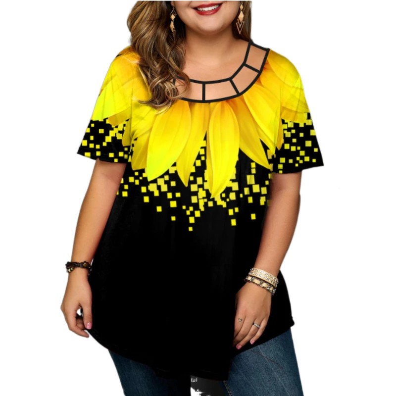 5XL Plus Size Women Clothing 2022 Summer Short Sleeve Floral Print Casual Ladies Tunics Tee Shirt Peplum Tops Big Women Clothes