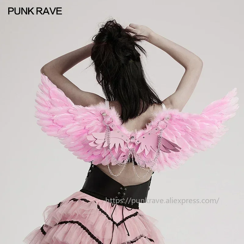 Фото Женский ремень-нагрудник PUNK RAVE в стиле панк с яркими дьявольскими перьями и кожаными крыльями, со съемными цепями, для вечеринок, клубов, Хэллоуина №1