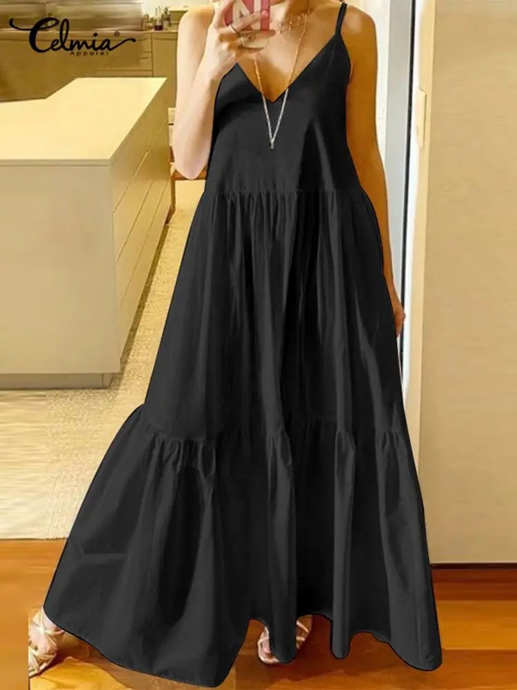 

Elegant Women Spaghetti Strap Maxi Sundress Celmia Sexy V-neck Slip Dress Summer Casual Stitching Gathers Holiday Beach Dresses