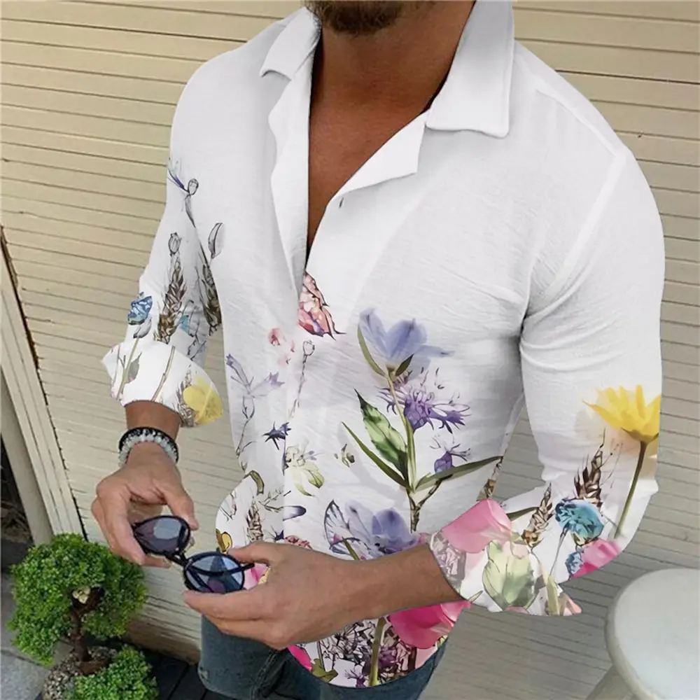 

Мужская Летняя гавайская рубашка, Повседневная Уличная рубашка с цветочным принтом, отложным воротником, длинными рукавами и пуговицами на пуговицах