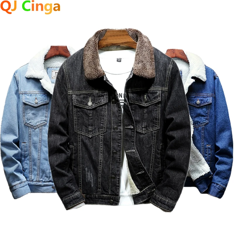

Winter New Thick Warm Fashion Boutique Solid Color Men's Casual Denim Jacket / Male Wool Denim Coat Large Size M-5XL 6XL