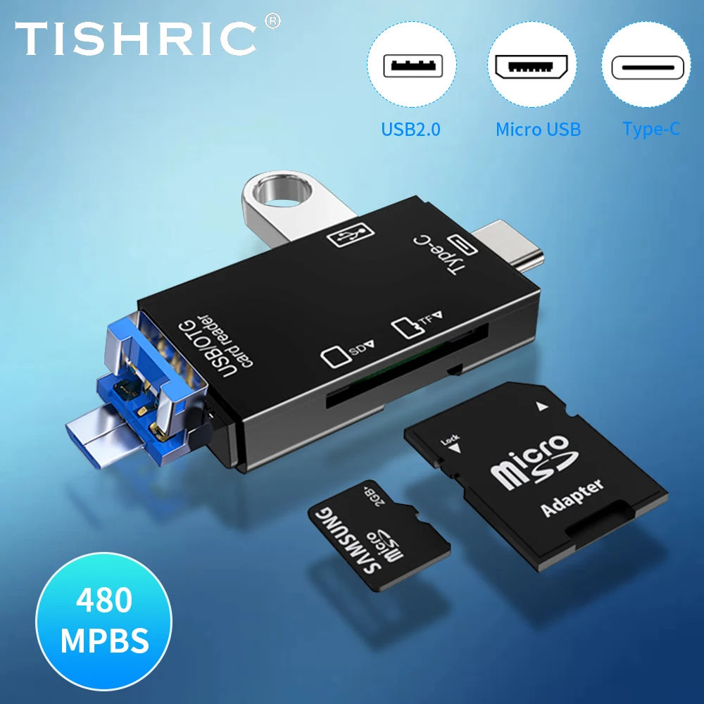 Кардридер TISHRIC 6 в 1, USB + Type-C + micro USB, Android/TYPE- C, устройство для чтения карт TF, SD, USB, адаптер OTG Drive