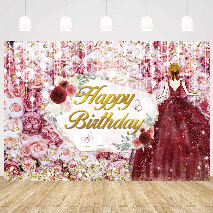 

Блестящие розы цветы стена день рождения Фон фотографии на заказ Сладкая 15 16 девочка принцесса фото фон Выпускной вечеринка Декор