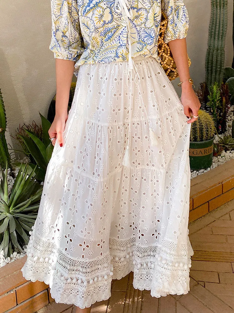 Женская кружевная юбка-макси в стиле бохо белая ажурная длинная юбка