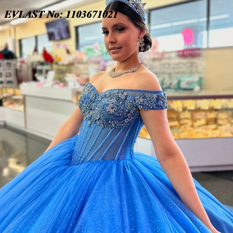 Блестящее синее платье EVLAST Quinnceanera бальное Тюлевая аппликация бисер кристаллы