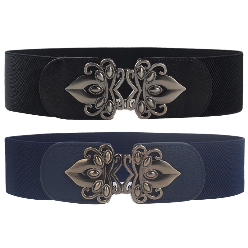 

2Pcs Fashion Ladies Retro Totem Elastic Wide Belt Elastic Elastic Belt Matching Dress Versatile Waist Decoration