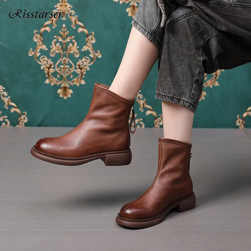 Risstarser Ankle Boots for Women Retro PU Leather Round Toe Zipper Women Short Boots Fashion Platform Shoes Autumn Winter 2022
