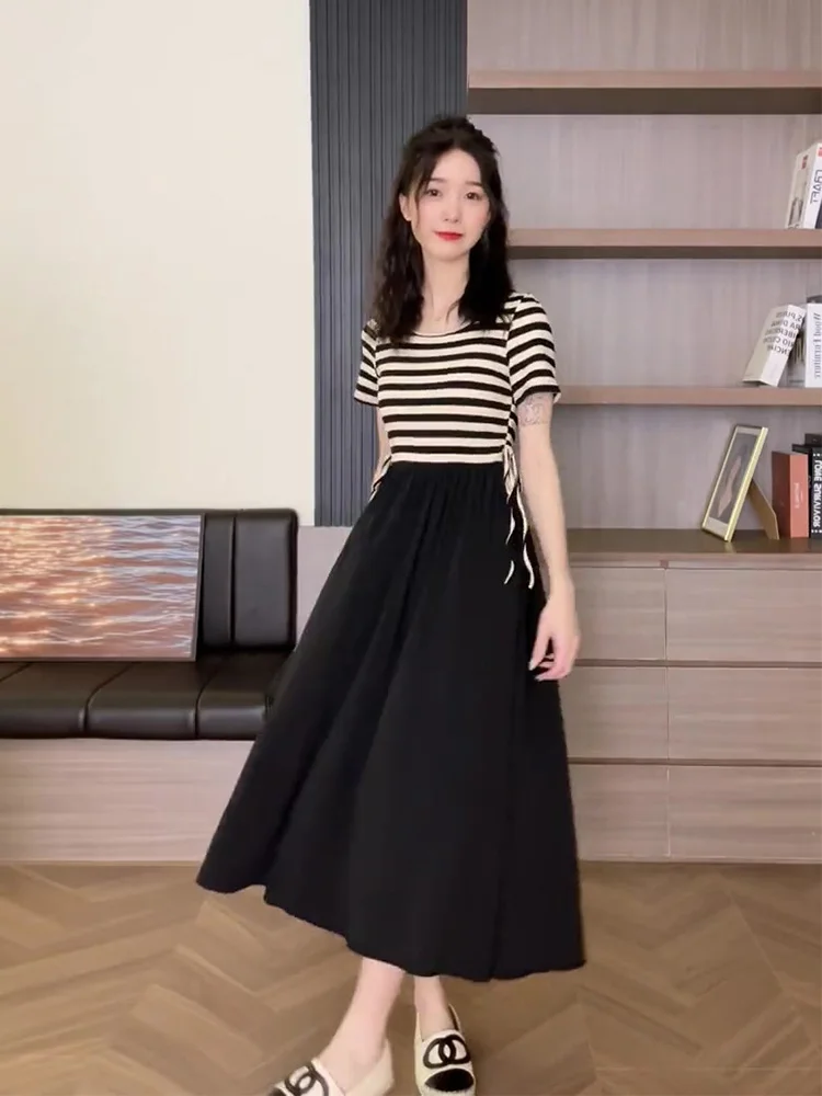 Striped Spliced Lace up Dress for Women Adult Summer Style 2023 High end Skirt Small Long Dress