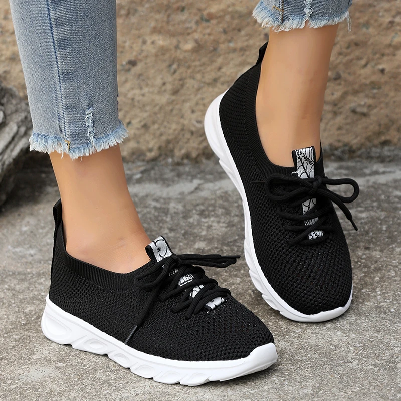 

New Autumn Mesh Knitting Flats for Women Breathable Lace-Up Thick Sole Sneakers Woman Lightweight Non-Slip Casual Loafers Shoes