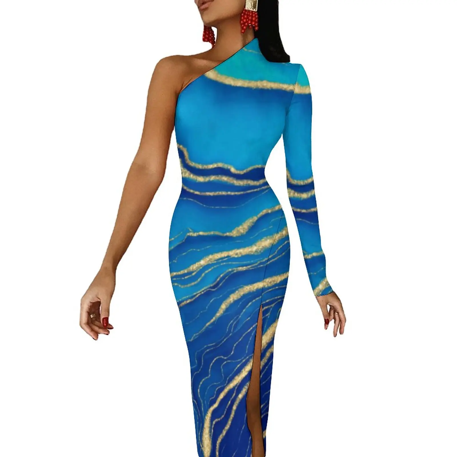 

Женское облегающее платье-макси с длинным рукавом и принтом