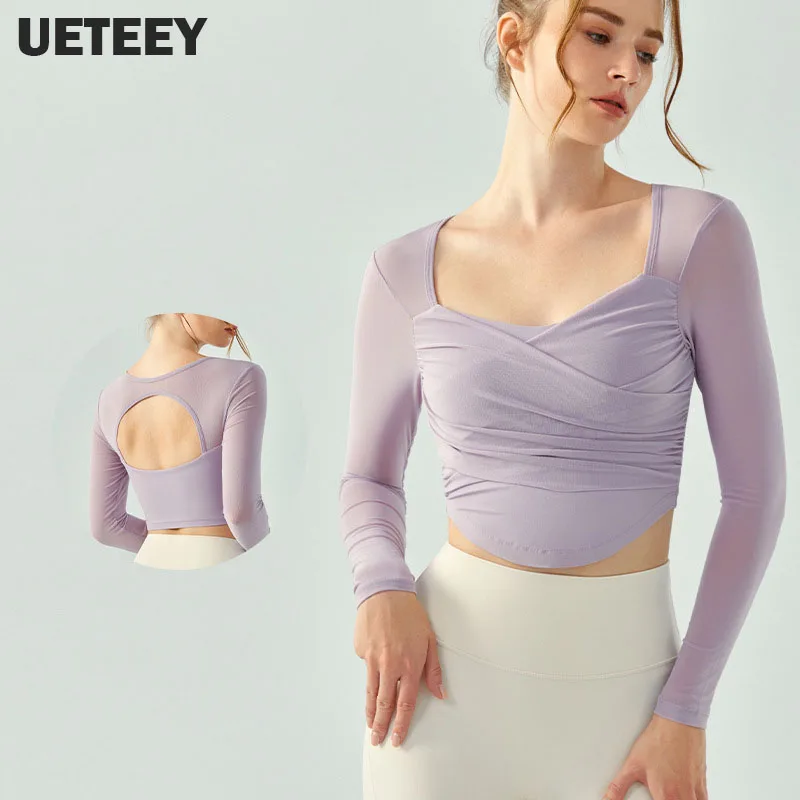 

Mesh Cross Sports Tops Women Hollow Back Fitness Gym Shirts Long Sleeve Yoga Crop Tops Tight Running Workout Clothes Sportswears