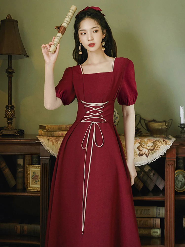 

Summer new women's court vintage square collar puffed sleeves with Burgundy long dress elegant slimming dress