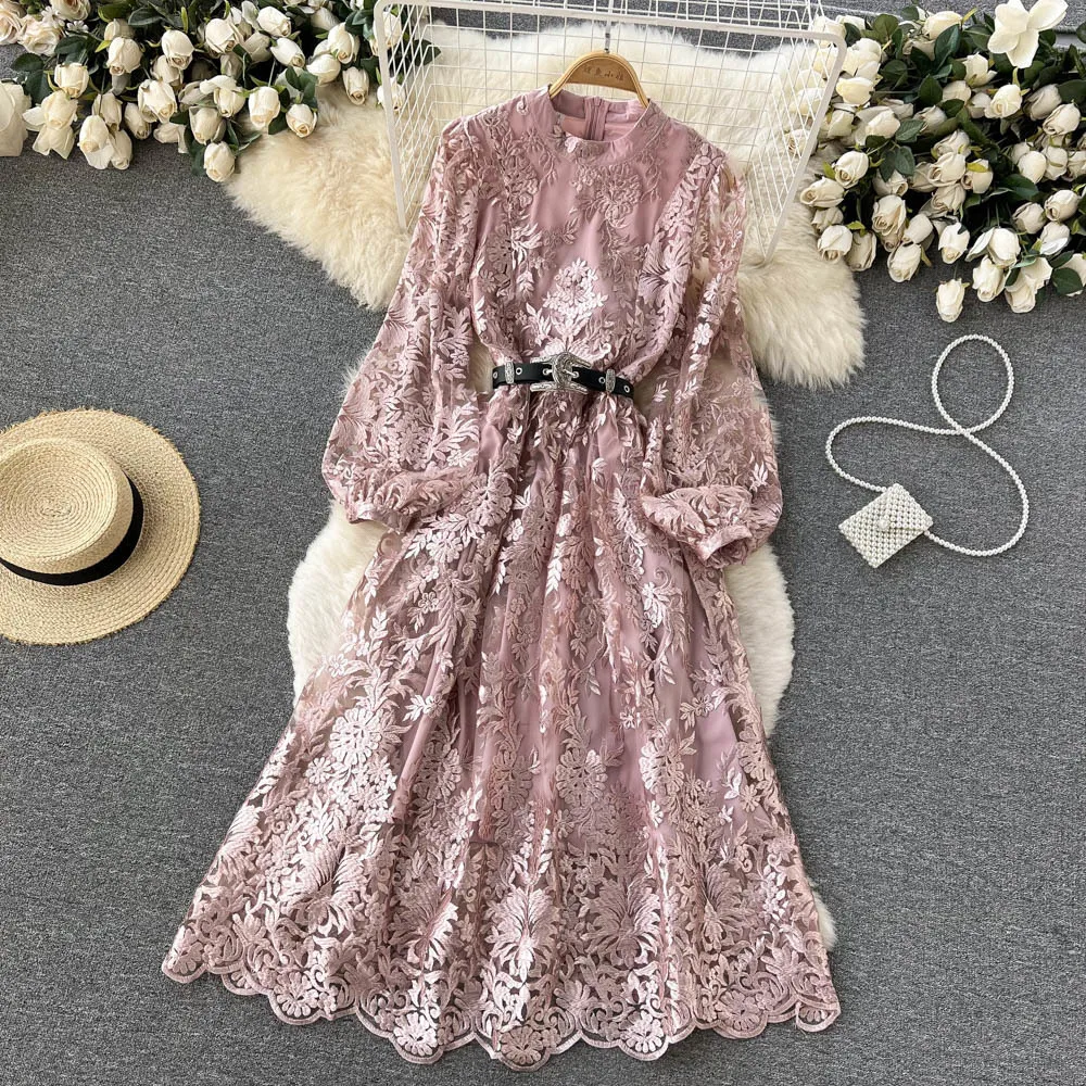 

High Quality Embroidery Flower Dress 2022 Spring Fall Women Stand See Through Lantern Sleeve Pink Mesh Party Vestidos With Belt
