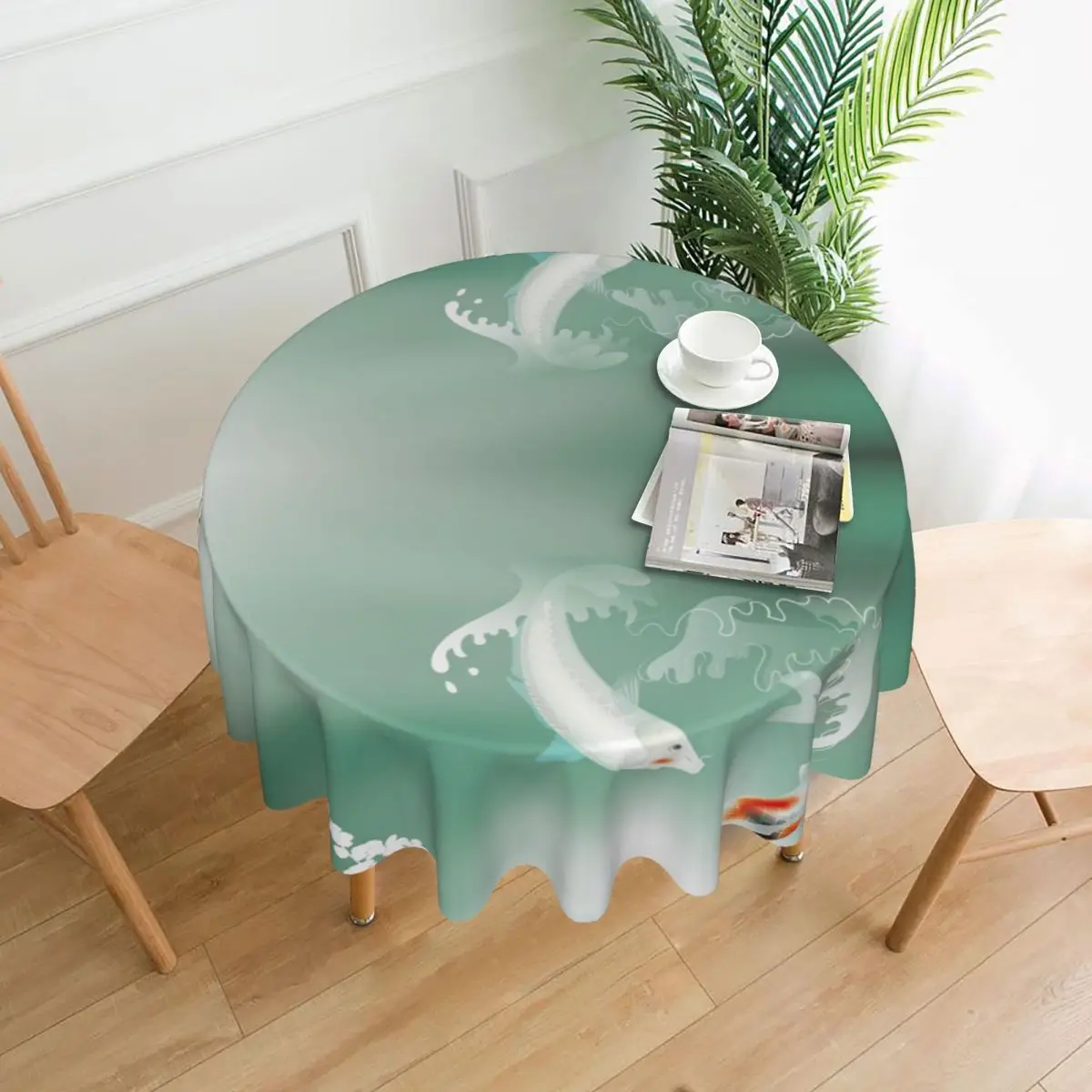 

Round Tablecloth Japanese Koi Carps Playing In Pond Cover Washable Table Cloth for Tea Table