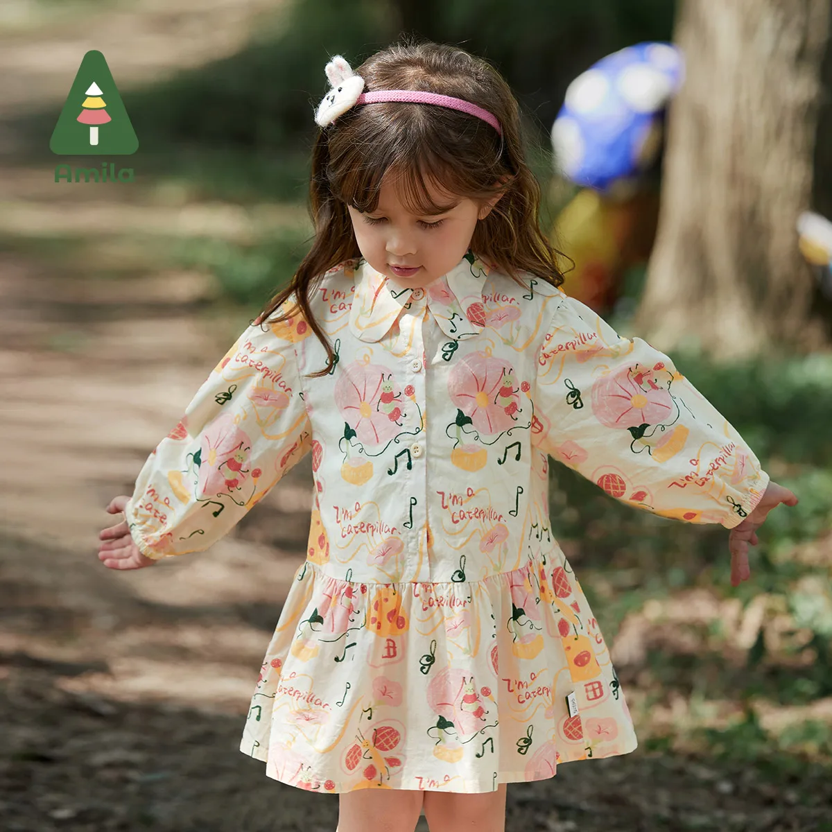 

Amila Baby Girl Dress 2023 Spring New 100% Cotton Long Sleeves A-Line Shirt Dresses for Girls Full Print Sweet Children Clothes