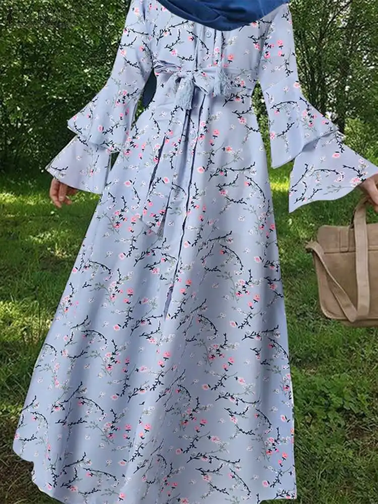 

Платье ZANZEA женское с цветочным принтом, элегантный турецкий сарафан с длинным рукавом, с круглым вырезом, на шнуровке, повседневная абайя, к...