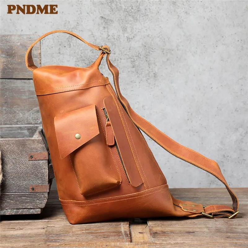 Retro personality designer natural crazy horse cowhide men shoulder bag outdoor casual genuine leather multifunctional chest bag