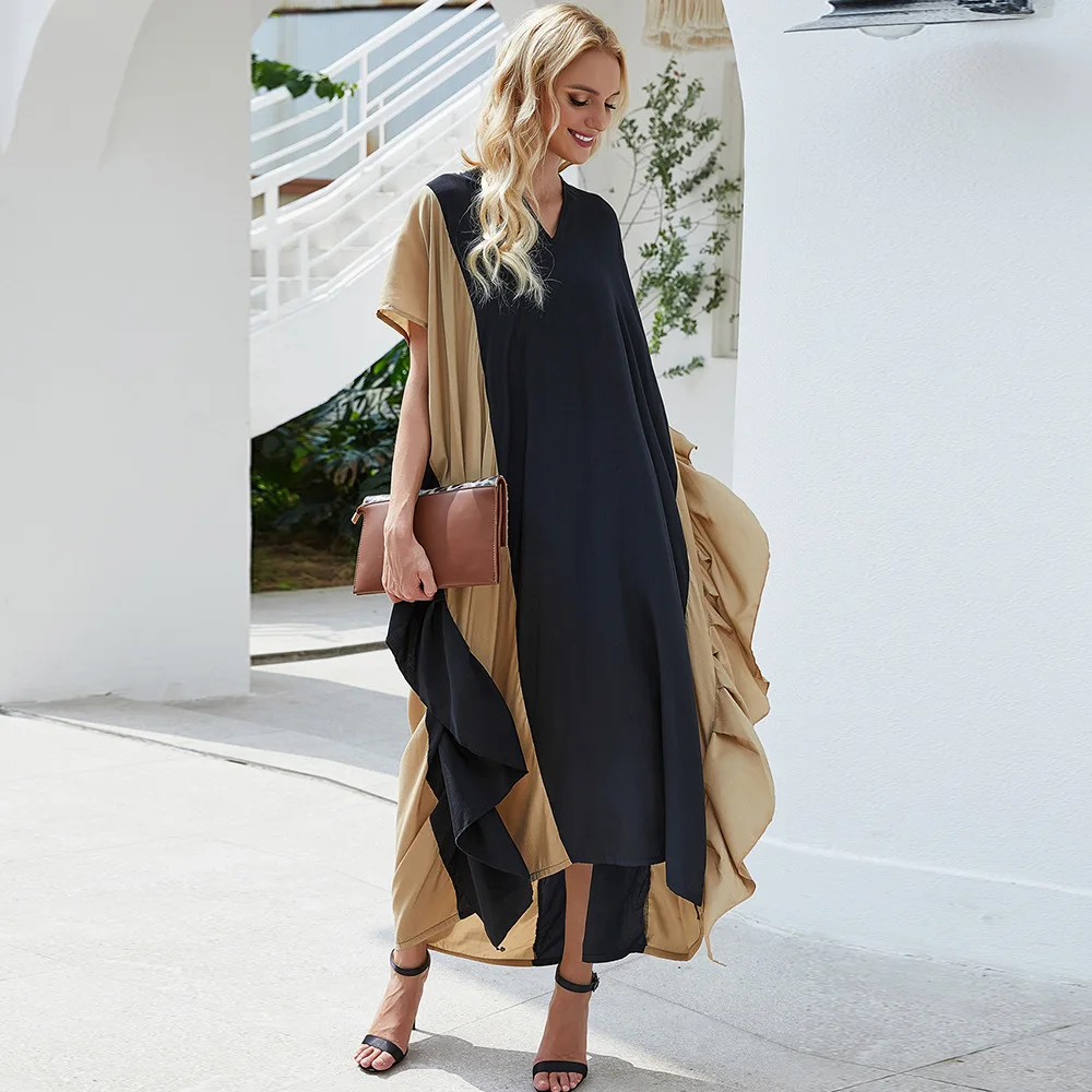 Muslim Fashion Jalabiya for Women Abaya V-Neck Short Sleeve Color-blocking Fungus Lace Long Dress Arabian Robe Moroccan Kaftan