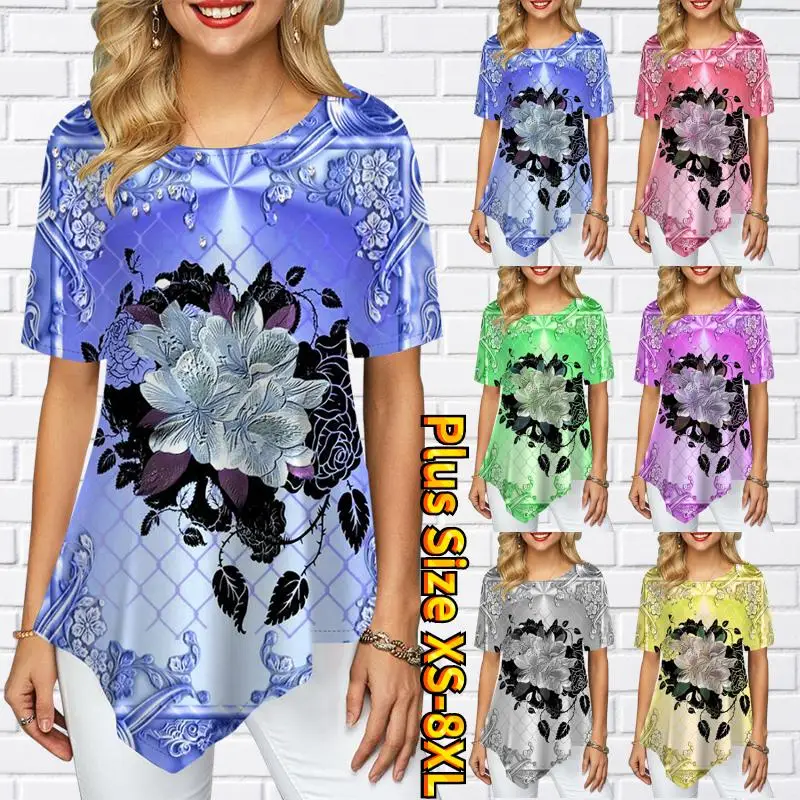 

Женские футболки больших размеров, цветные Свободные повседневные топы с 3d принтом гардении, Женская Асимметричная летняя модная винтажная одежда