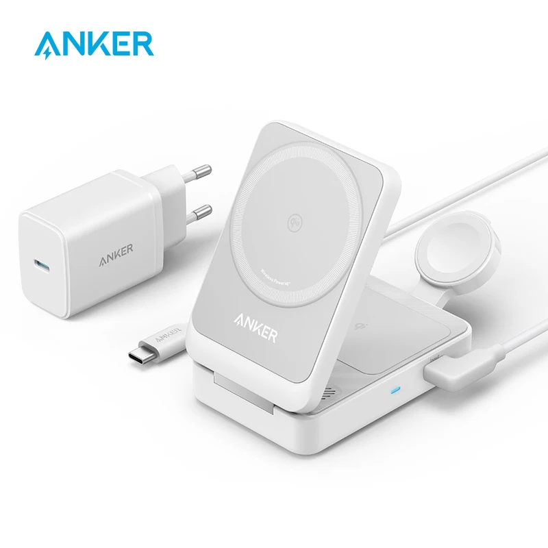 Фото Зарядная станция Anker MagGo 3-в-1 для iPhone 16, беспроводная зарядная подставка, совместимая с MagSafe, складное зарядное устройство Qi2 15 Вт №1