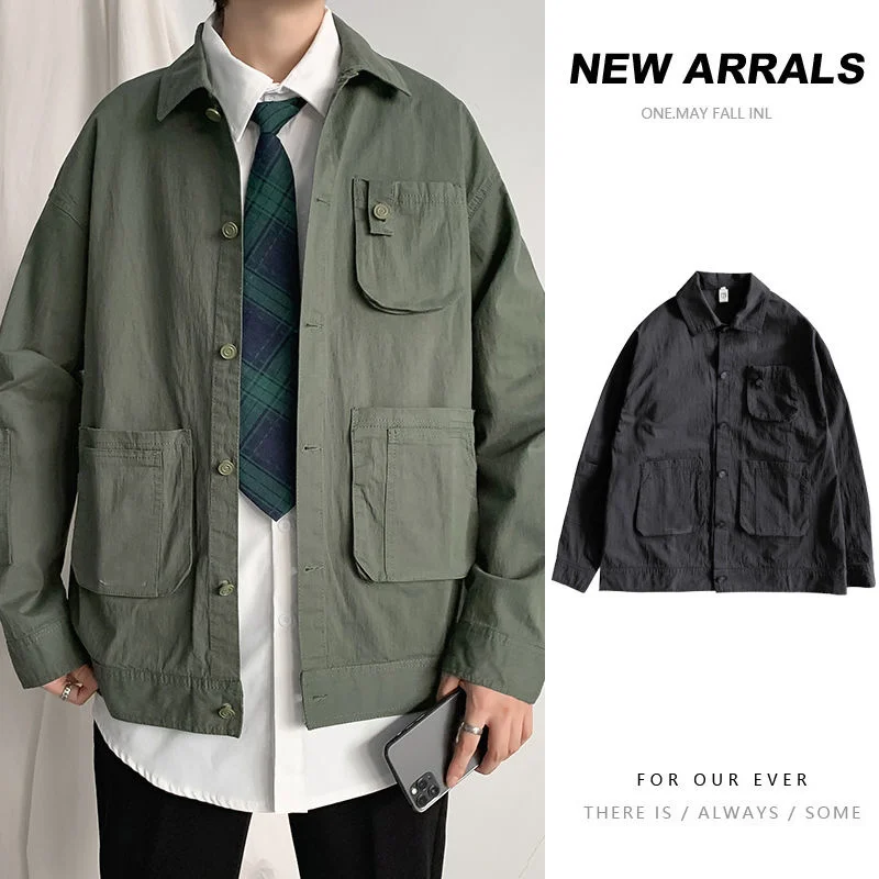 

Green/Black Work Jacket Men Fashion Retro Pocket Jacket Mens Japanese Streetwear Loose Hip Hop Bomber Jacket Men Outwear M-2XL