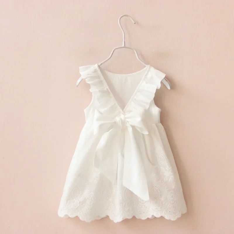 girls V back dress pure cotton hollow lace bow tie white princess | Детская одежда и обувь