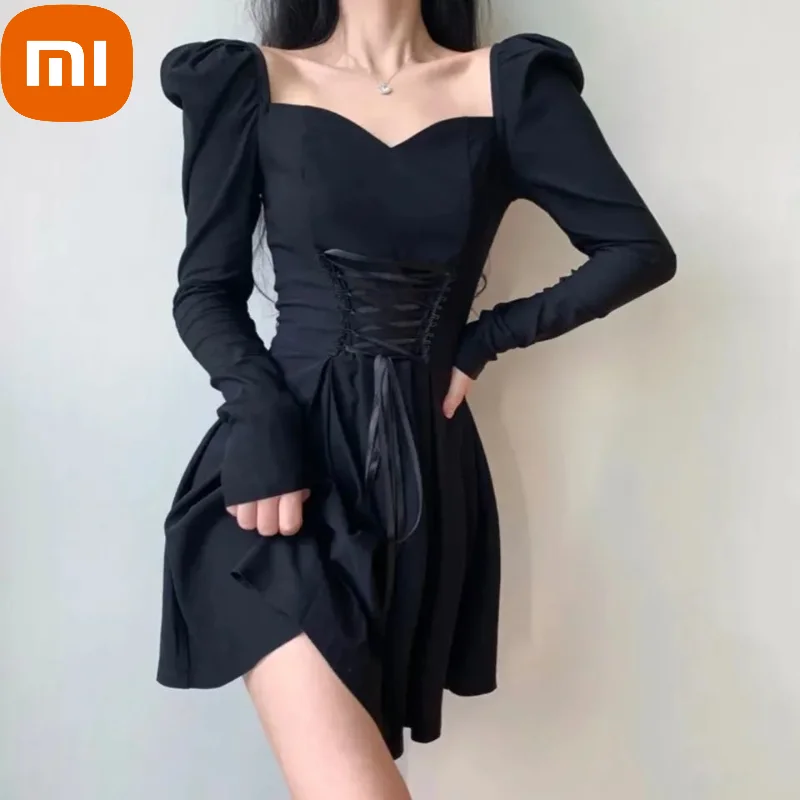 

Xiaomi Black Sexy Bandage Mini Dress Women Elegant Vintage Square Collar Long Sleeve Dresses Spring Autumn Streetwear Robe