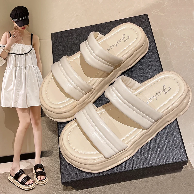 

Shoes Slippers Soft Platform Med Slipers Women Luxury Slides Comfort Flat 2022 Designer Summer PU Rubber Rome Shoes Ladies' Slip