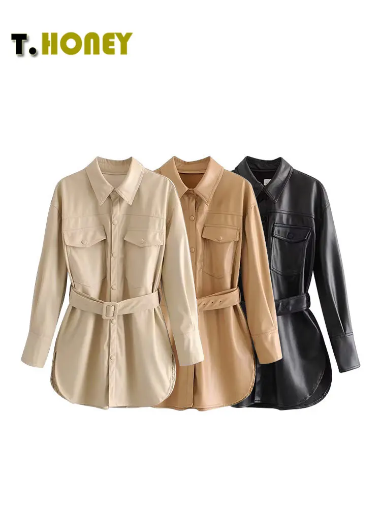 

TELLHONEY Women Fashion Faux Leather With Belt Single Breasted Blouses Jacket Coats Female Casual Long Sleeves Slim Outfits