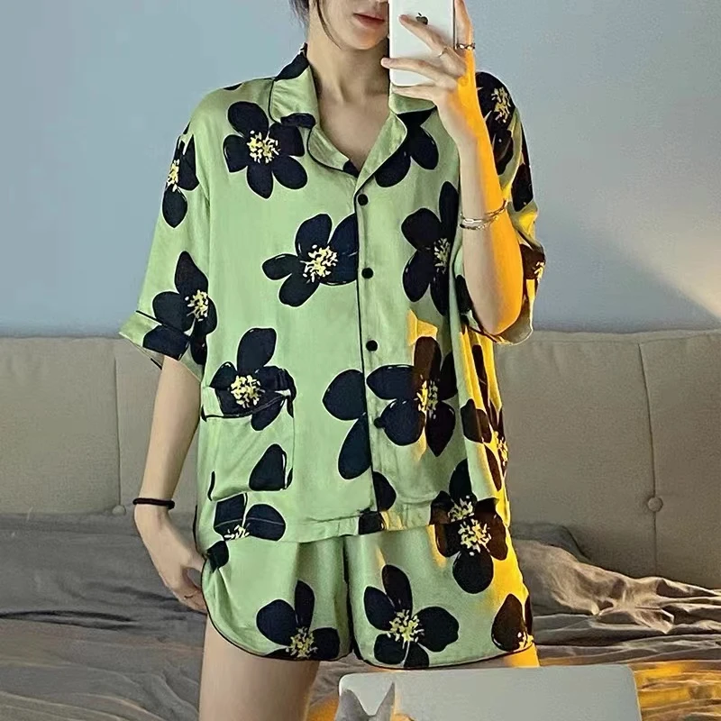 CAIYIER 2022 Fashion Flower Silk Pajamas Set Summer Girls Short Sleeve Nightwear Sexy Female Home Clothing christmas pajamas