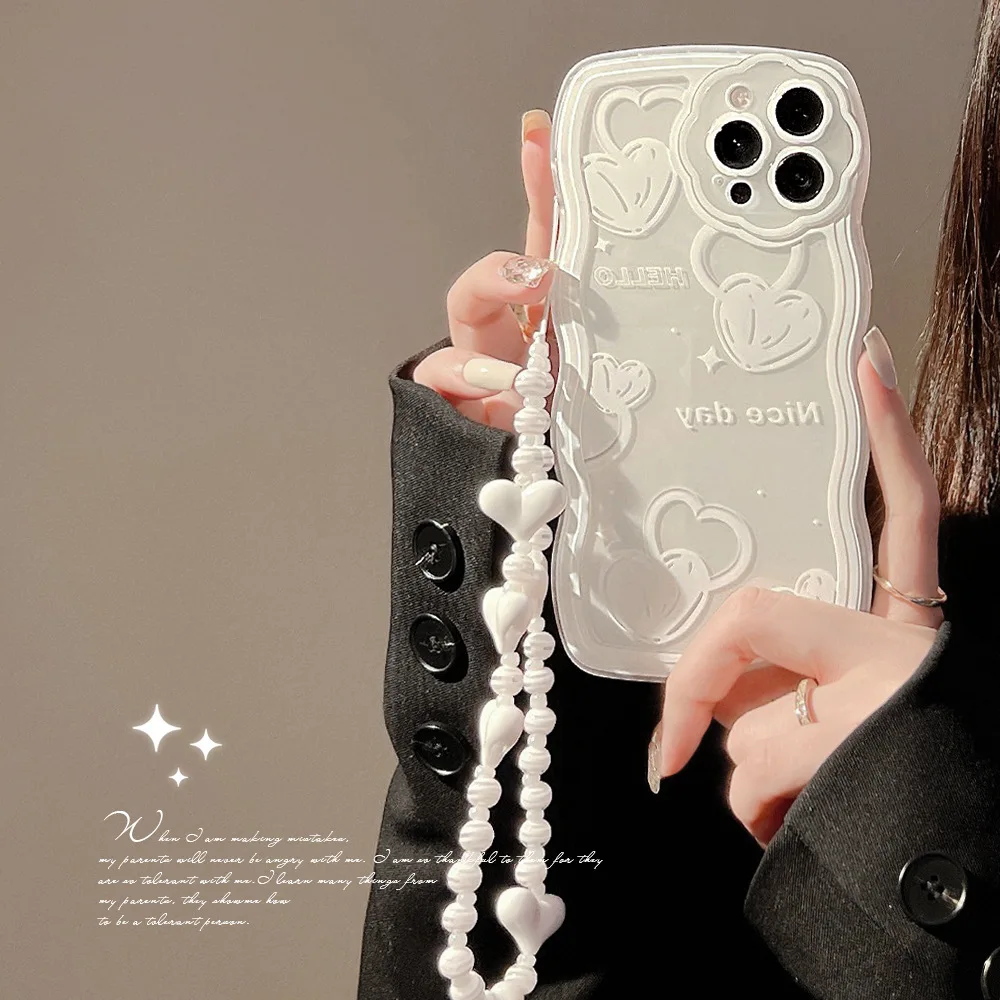 

Colored white thread double love+lanyard Phone Case For iphone 14 13 12 11 Pro Max X XR XSMAX 7 8 Plus SE TPU Case Cover