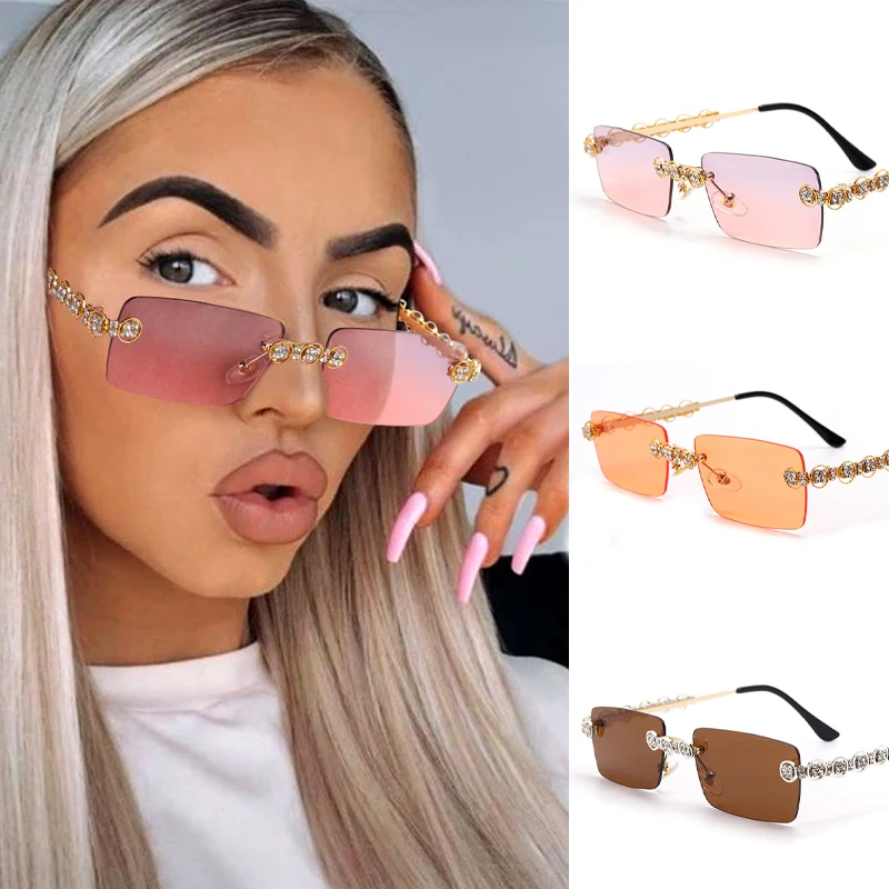 

Luxury Rhinestone Rectangle Sunglasses Women Rimless Square Sun Glasses Vintage Crystal Eyeglasses Designer Brand Eyewear UV400