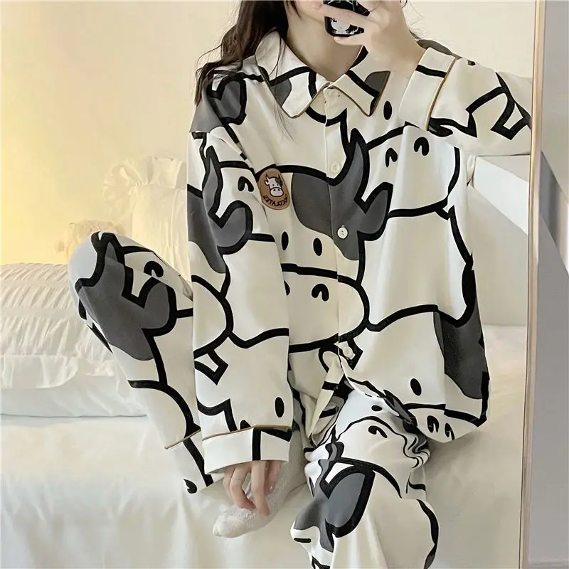Cow Print Women's Pajamas Home Clothes Cute Autumn Winter Pyjama Pour Femme Kawaii Sleepwear Pijamas Nightie pyjamas women