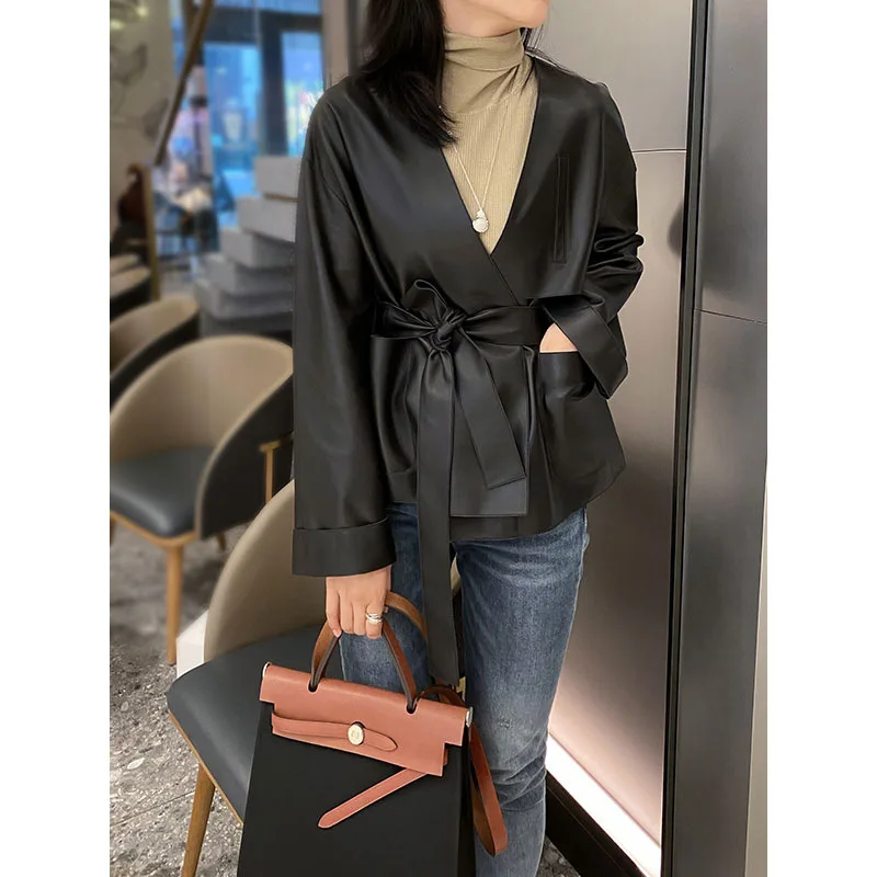 Autumn  Winter 2022 Fuax  Leather Formal Office Lady Suit  French Casual Short Leather Women  red Suede Belt Clothes for Women