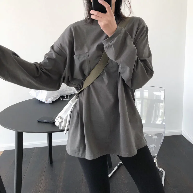 

Spring Autumn Women's Casual Solid Color Round Neck Long Sleeve Pocket Decoration Loose T-Shirt