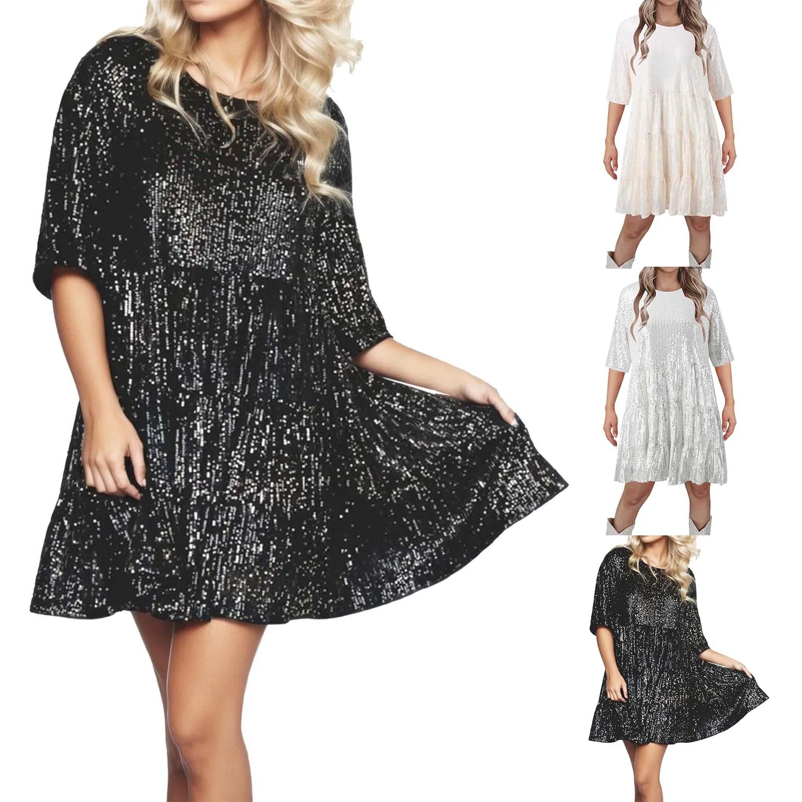 

Sequin Dress For Women Short Sleeve Crewneck Sparkly Glitter Mini Dress Elegant Wedding Cocktail Ruffle Dress Women Summer Tunic