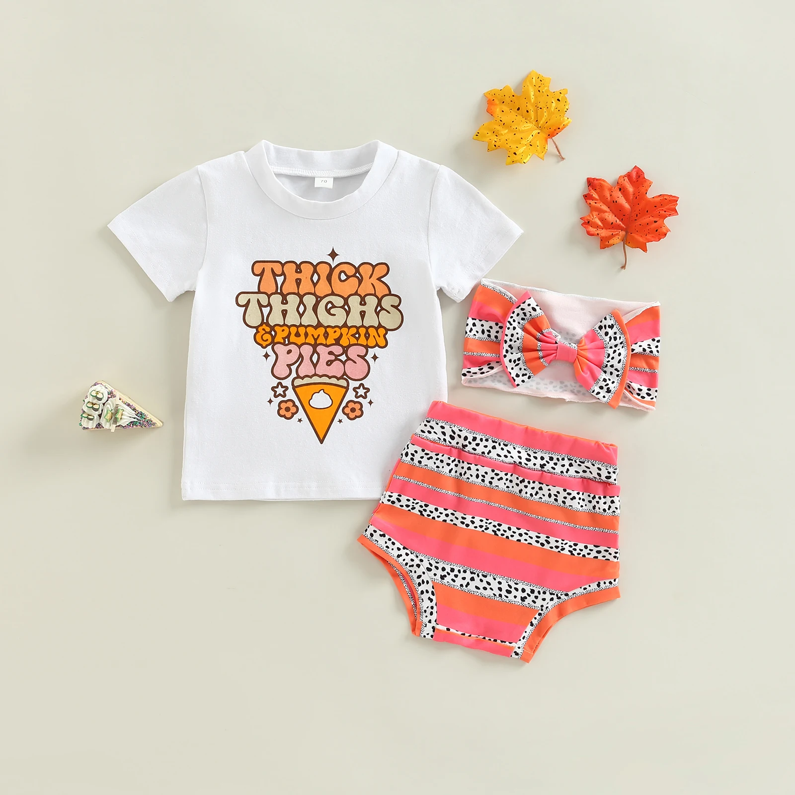 

TR New Summer Thanksgiving Day Toddler Baby Girl Outfits Short Sleeve T-Shirt + Striped Shorts + Headband Clothes Set