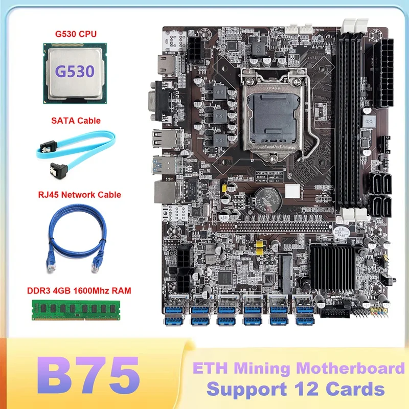 

Материнская плата B75 ETH Mining 12 PCIE к USB LGA1155 с процессором G530 + DDR3 4 Гб 1600 МГц ОЗУ + кабель SATA + сетевой кабель RJ45