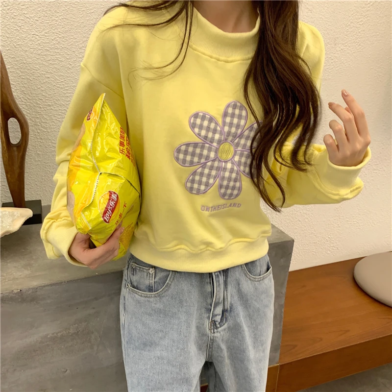 

Повседневные тонкие свитшоты с цветочной вышивкой в Корейском стиле, Милая Короткая Толстовка в стиле Харадзюку для молодых девушек, пуловеры, одежда y2k, худи для женщин