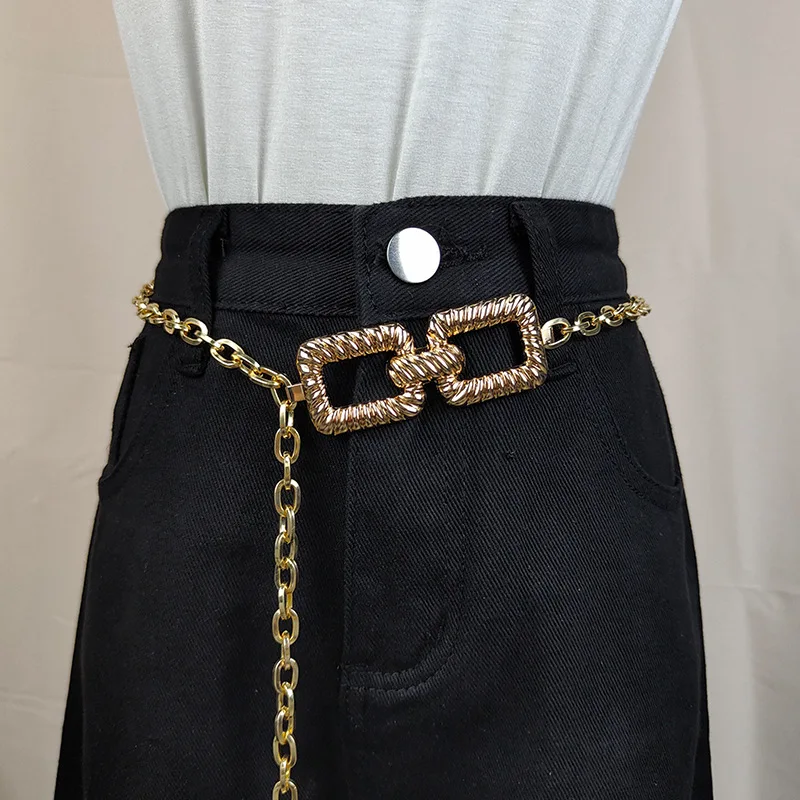 2023 Fashion Lady Gold Square Buckle Metal Waist Chain Dress Coat Sweater Suit Decoration Belts for Women Luxury Designer Brand