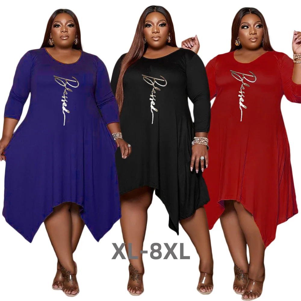 Plus Size Fall Clothes for Women Dress Stretch Loose Letter Print Elegant Casual New Style Midi Dresses Whole 3xl 4xl 5xl 6xl