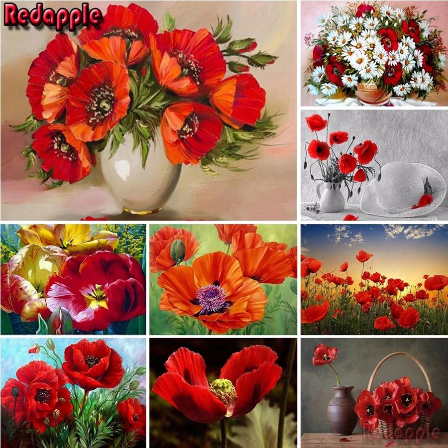 

Diy 5D round Diamond Painting red Poppy Flowers Picture of Rhinestone Cross Stitch Kit Full Square Drill Embroidery Mosaic Decor