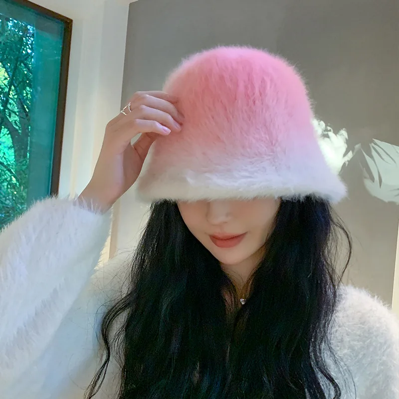 Rabbit Hair Basin Caps Show Face Small Autumn And Winter Outdoor Warm Fashion Bucket Hats Women
