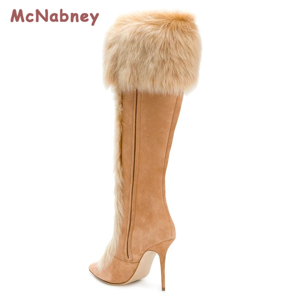 Women's Winter Fluffy Rabbit Fur Boots Woman Plush Warm Snow Boots Luxury Pointed Toe Knee High Boots Fashion Winter Shoes
