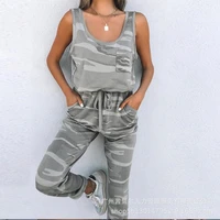 camouflage print sleeveless straight women jumpsuits 2022 summer casual tank lady rompers drawstring pencil pants long pants set
